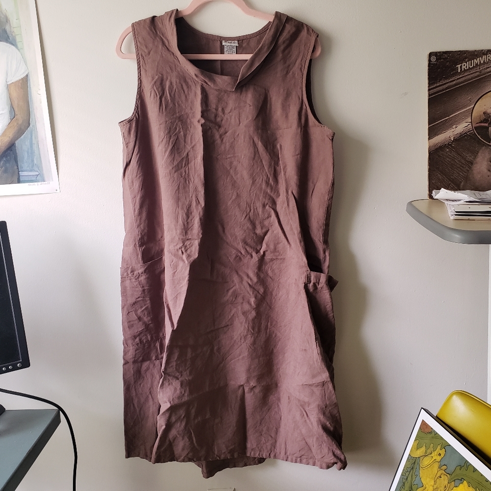 CMC Color Me Cotton Brown Linen Sleeveless Shift Dress
